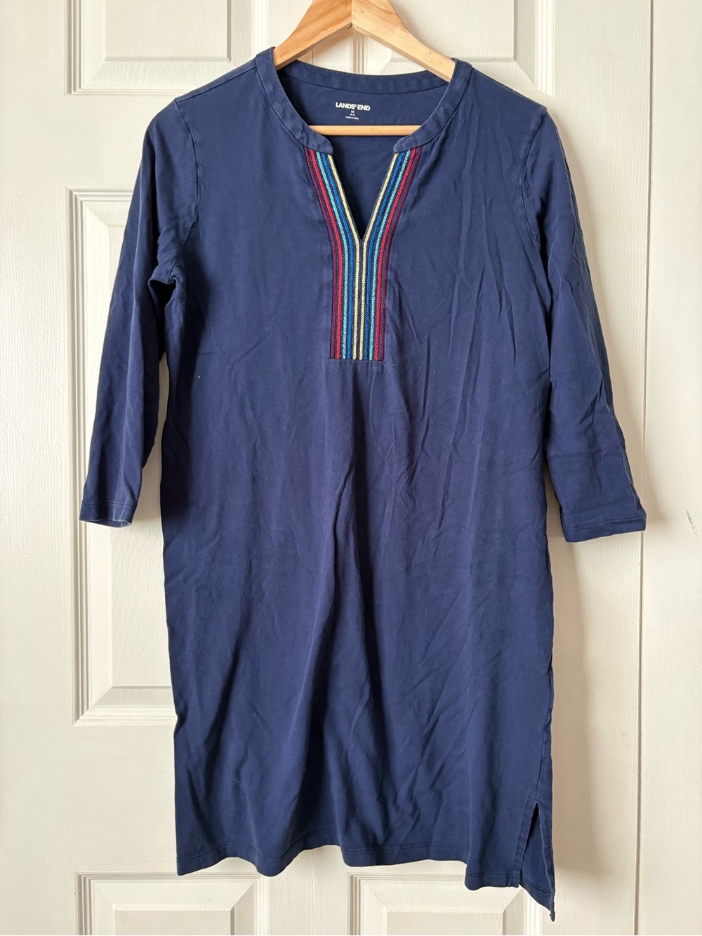 Lands' End Navy Long-Sleeve Tunic Dress with Multicolor V-Stripe Trim